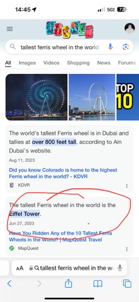 Google AI–provided answer to “tallest ferris wheel in the world” which confidently claims: “The tallest Ferris wheel in the world is the Eiffel Tower.”